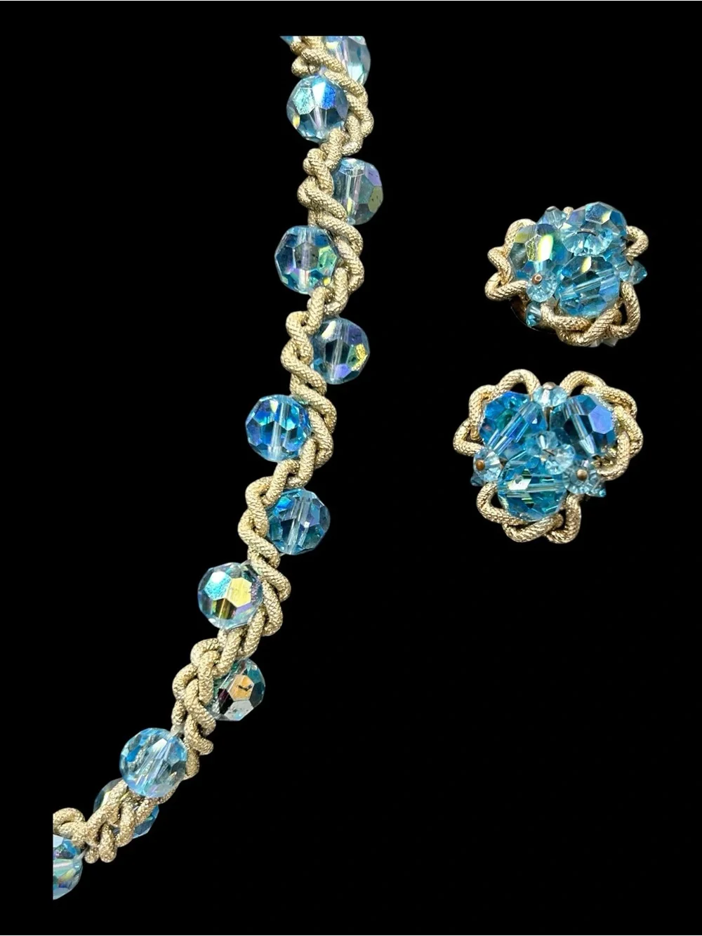 Vintage Blue AB Glass Bead Woven Chain Necklace Earring Set